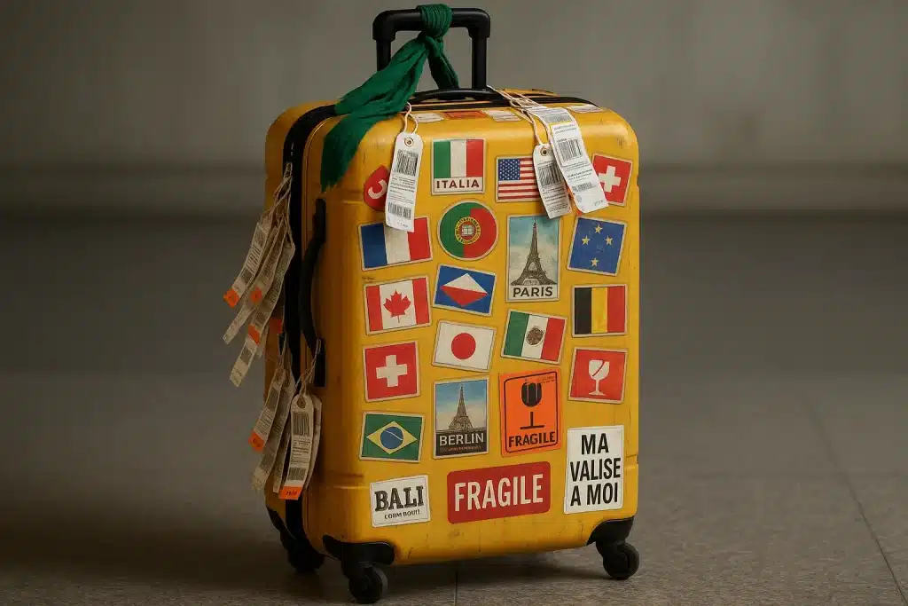 valise jaune de la voyageuse de Bali